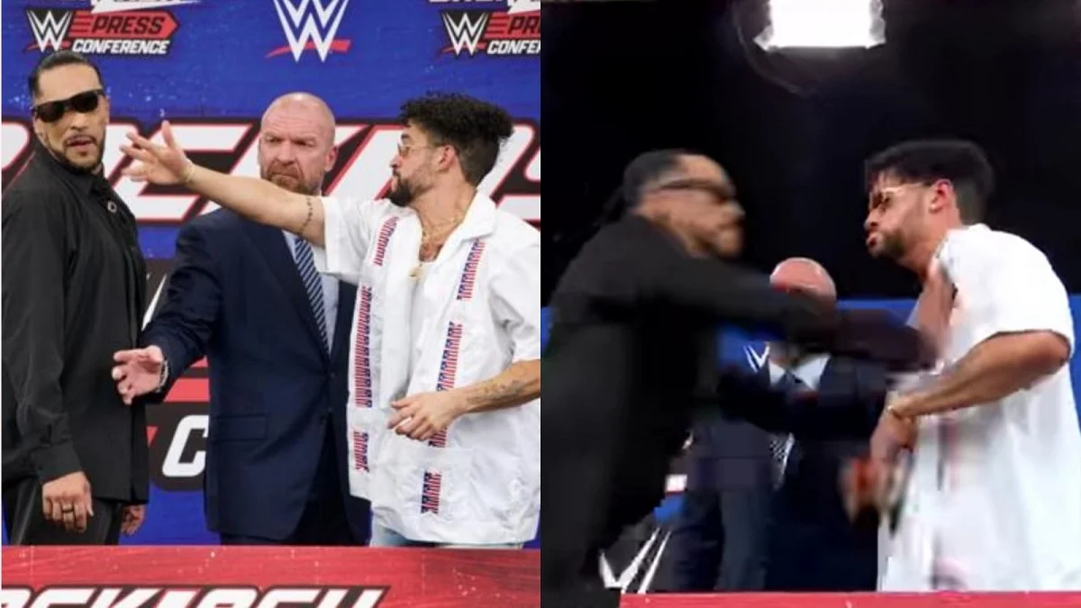 Bad Bunny recibe empujón de Damian Priest en conferencia de prensa del "Backlash" de la WWE en Puerto Rico (+VIDEO)