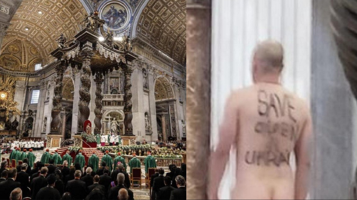 Hombre se desnuda en la Basílica de San Pedro en el Vaticano como protesta contra la guerra de Ucrania (+VIDEO)