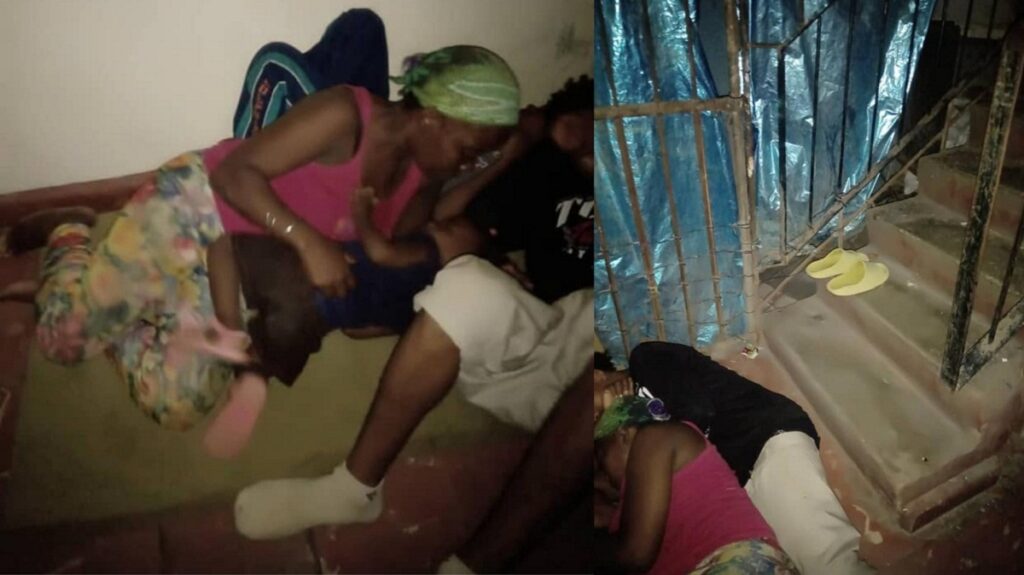 Madre cubana duerme con sus tres hijos en las escaleras de un edificio en Playa, La Habana