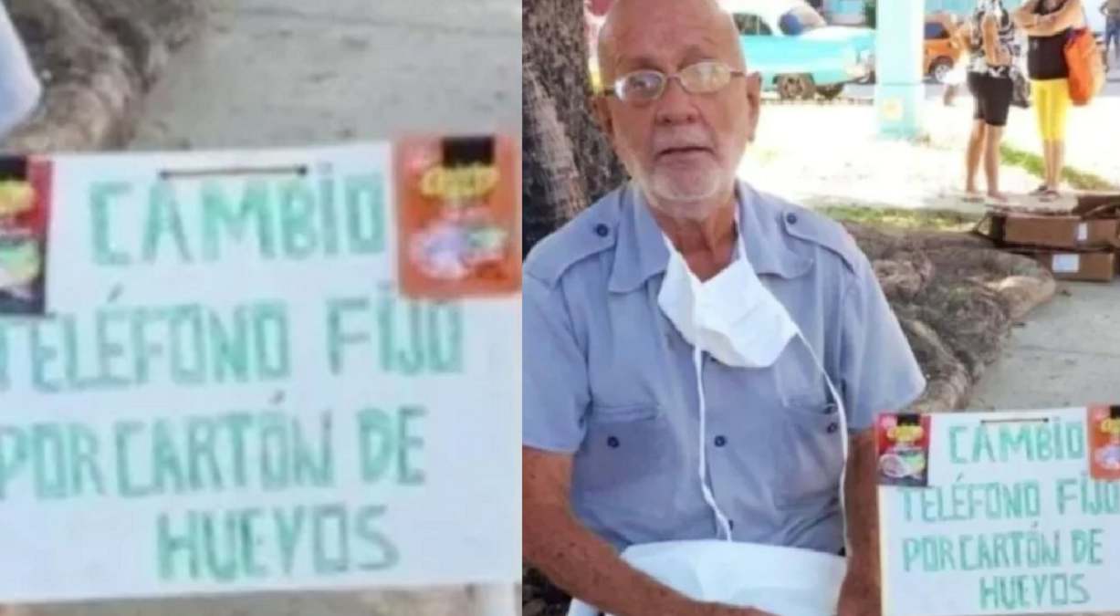 Humorista cubano pide ayuda para encontrar anciano visto en foto viral cambiando su teléfono fijo por un cartón de huevos