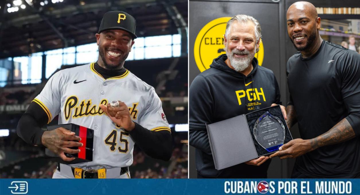 El pelotero cubano Aroldis Chapman fue reconocido por su equipo, los Piratas de Pittsburgh, tras convertirse en el relevista zurdo con más ponches en la historia de las Grandes Ligas durante la actual campaña.